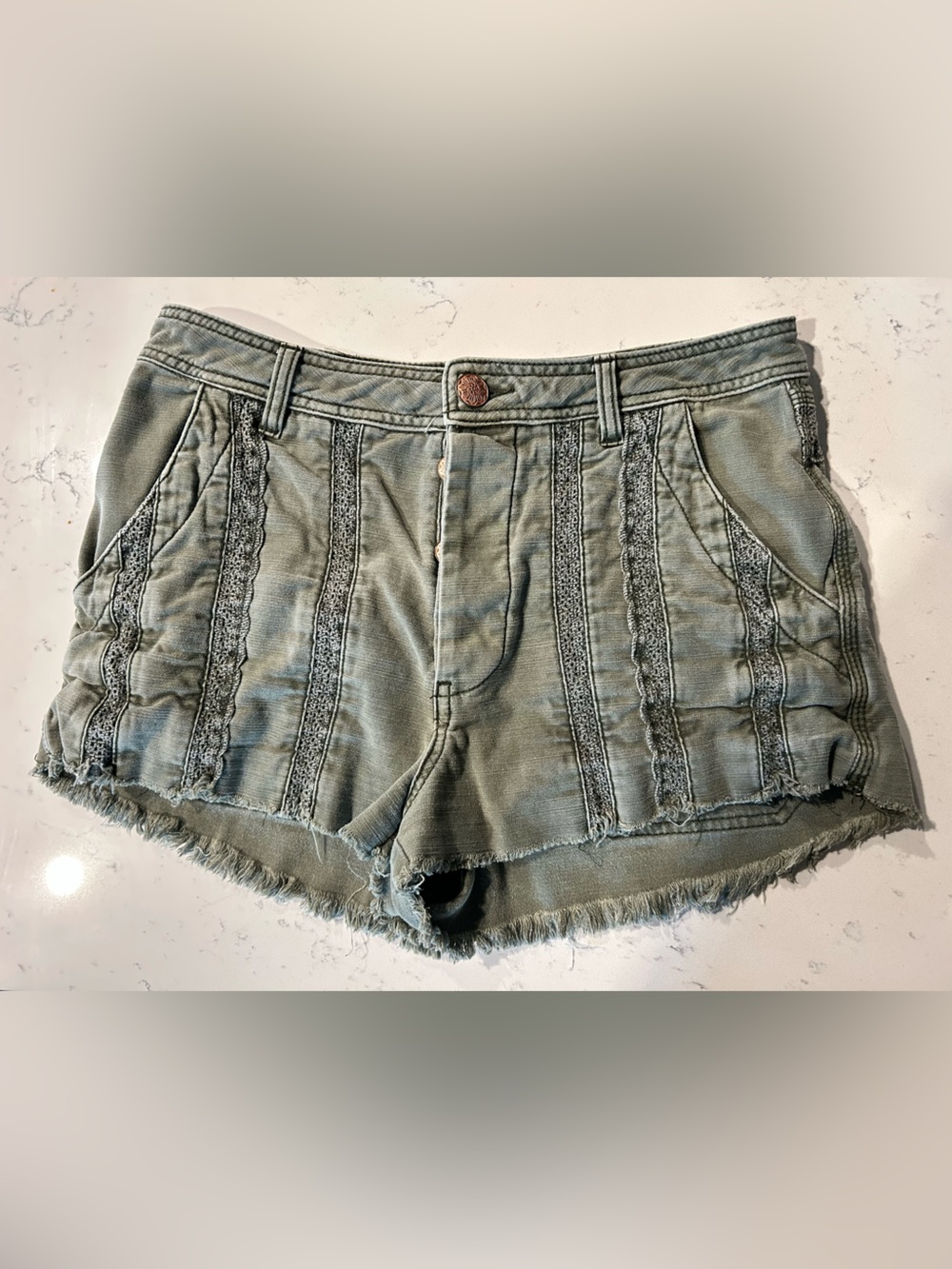 Free People Women’s Olive Green Lace-Trim Denim Shorts 8